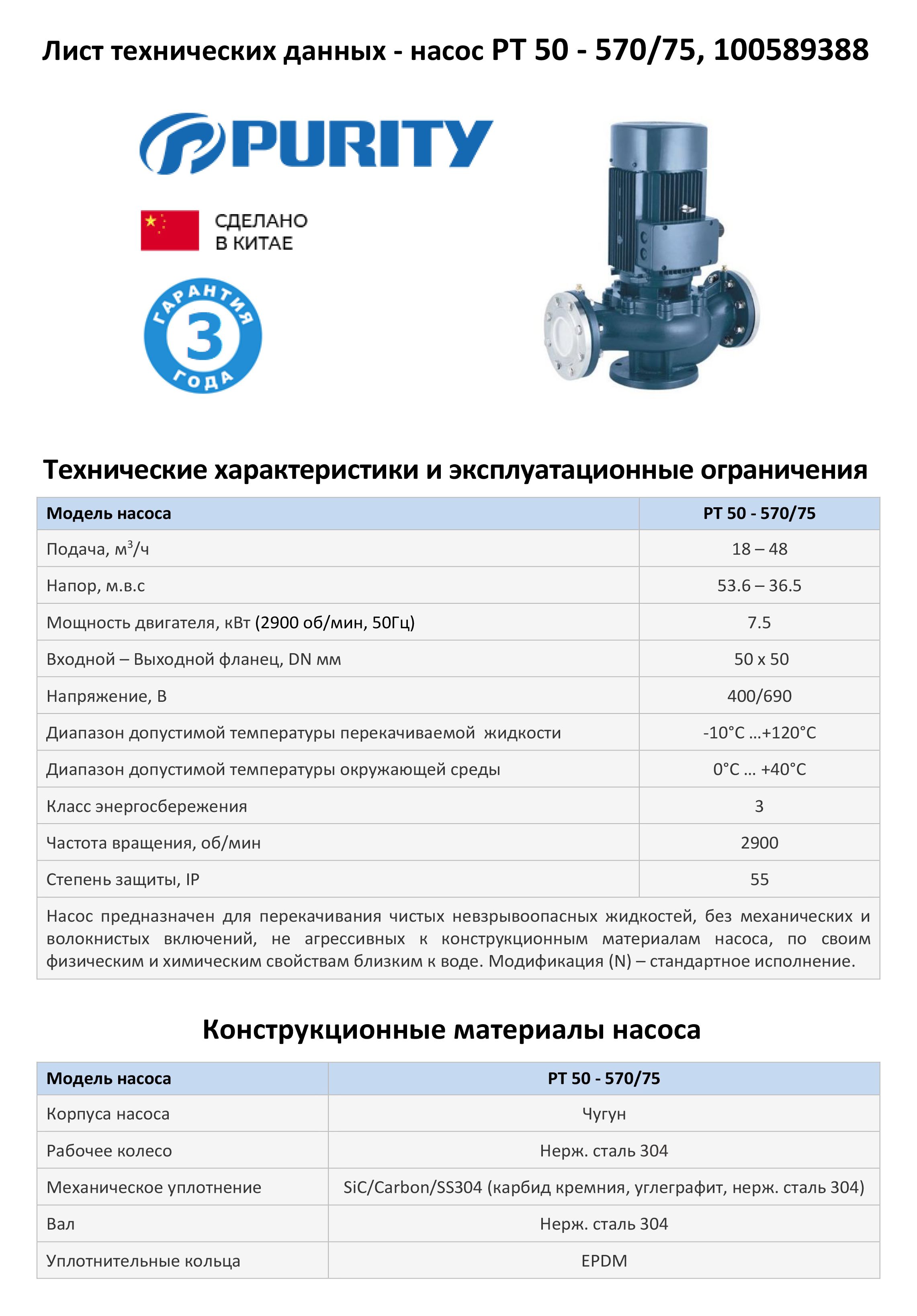 Насос моноблочный в линию PURITY PT 50-570/75 (N)
