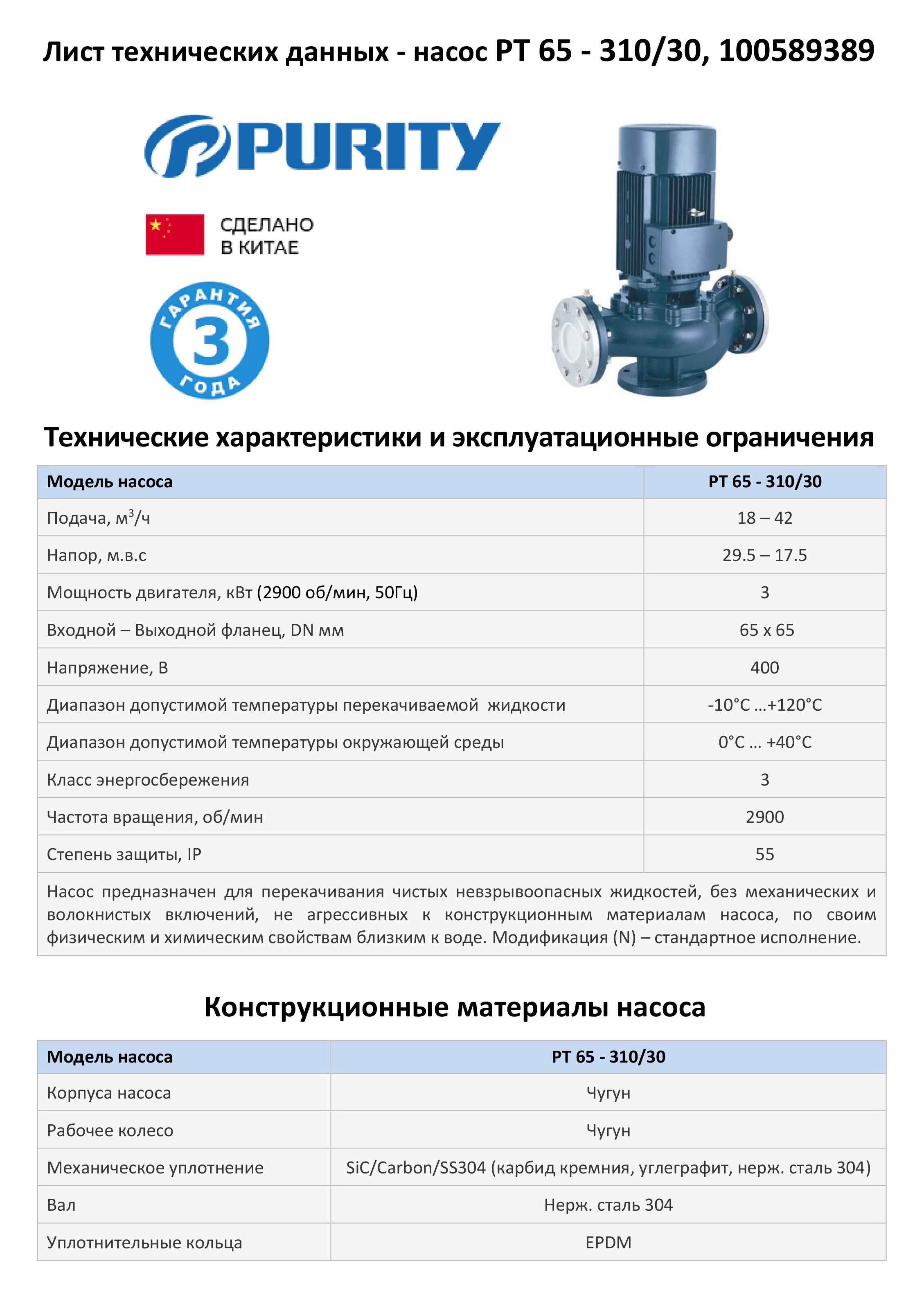 Насос моноблочный в линию PURITY PT 65-310/30 (N)