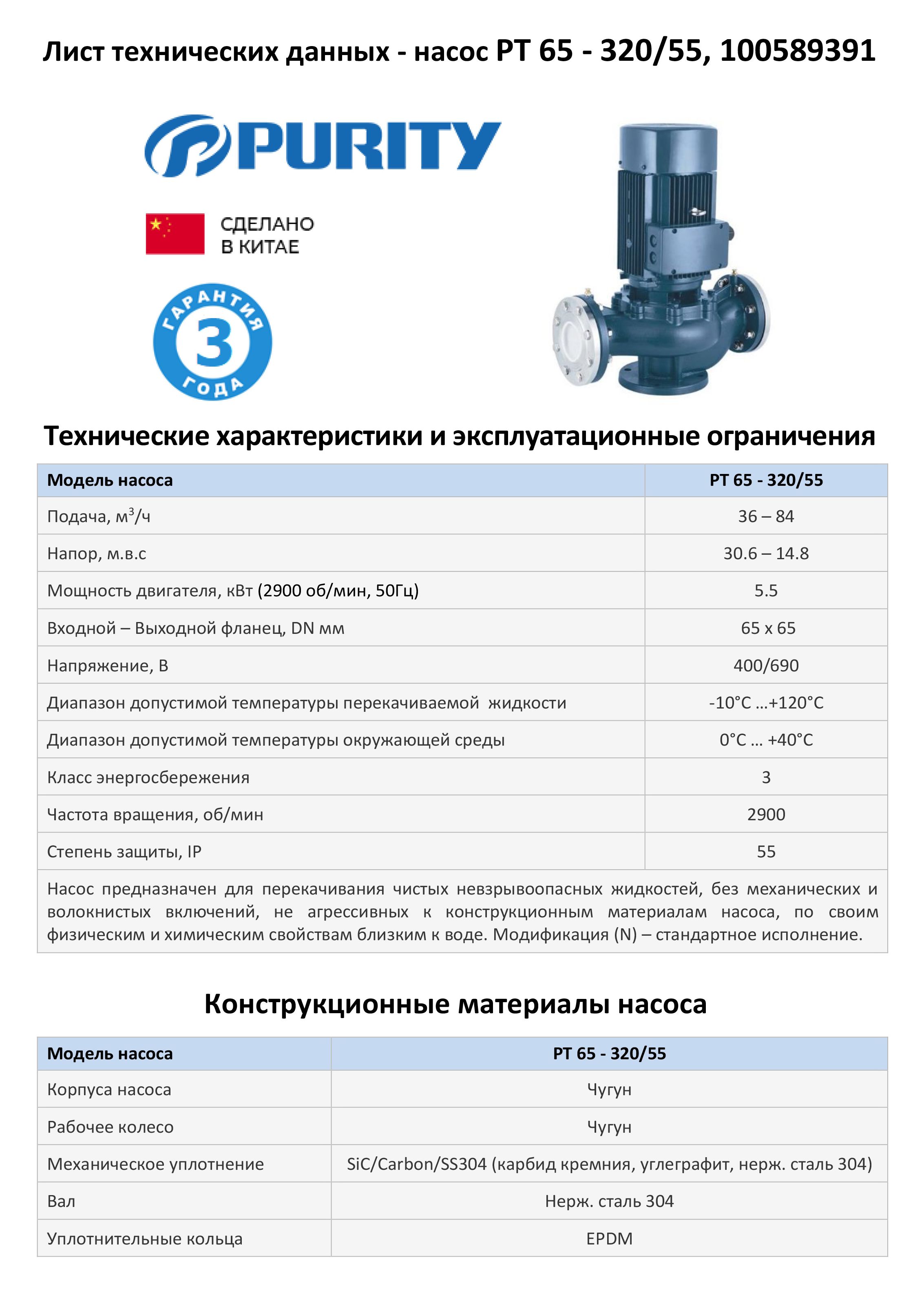 Насос моноблочный в линию PURITY PT 65-320/55 (N)