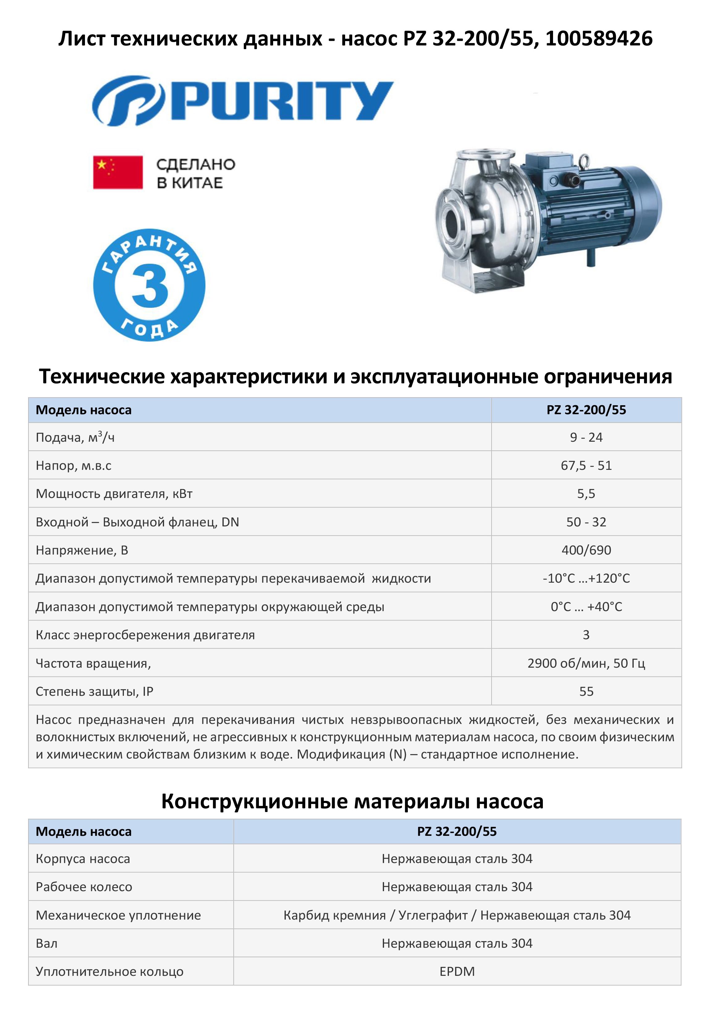 Моноблочный насос из нержавеющей стали PURITY PZ 32-200/55 (N)