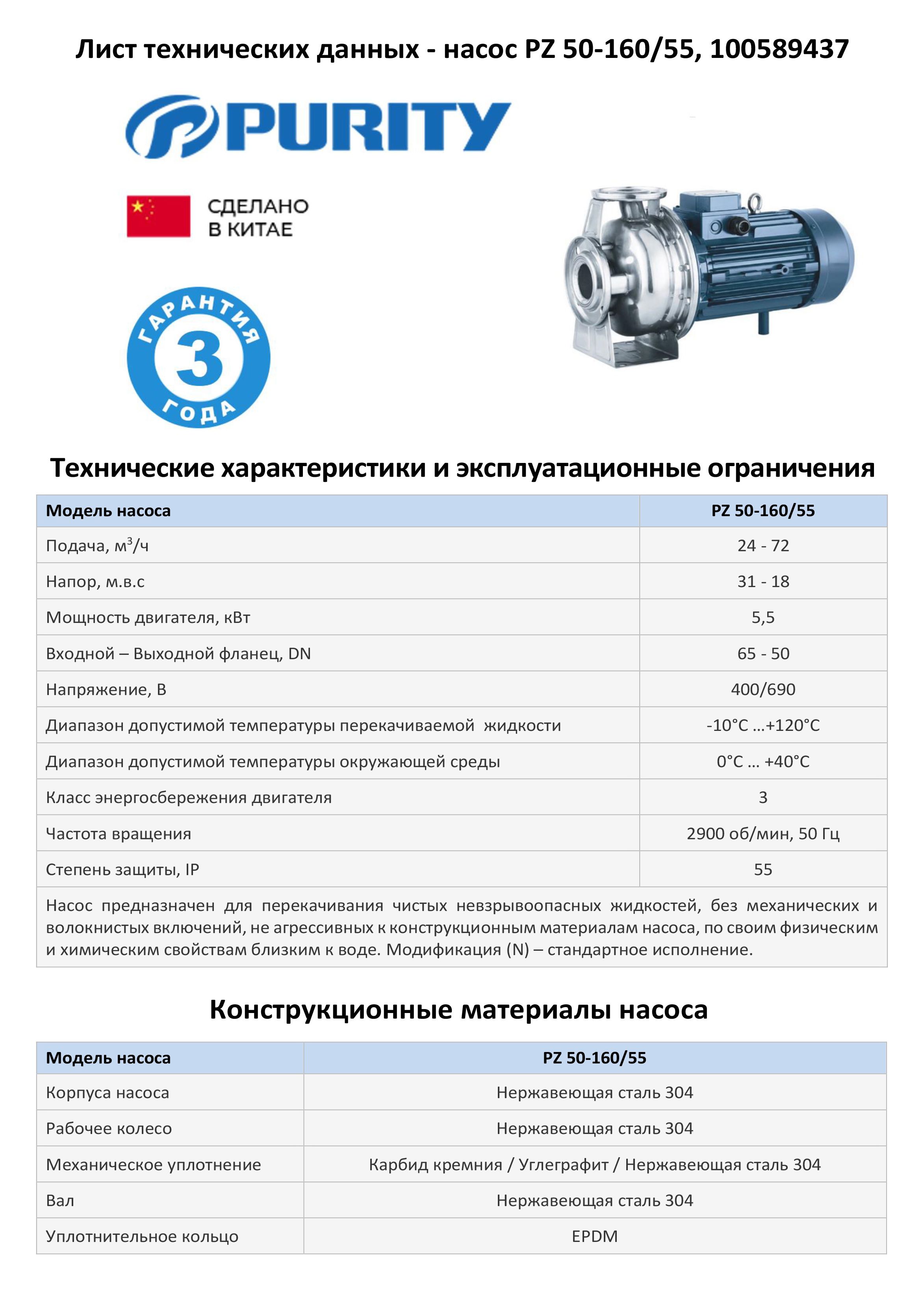 Моноблочный насос из нержавеющей стали PURITY PZ 50-160/55 (N)
