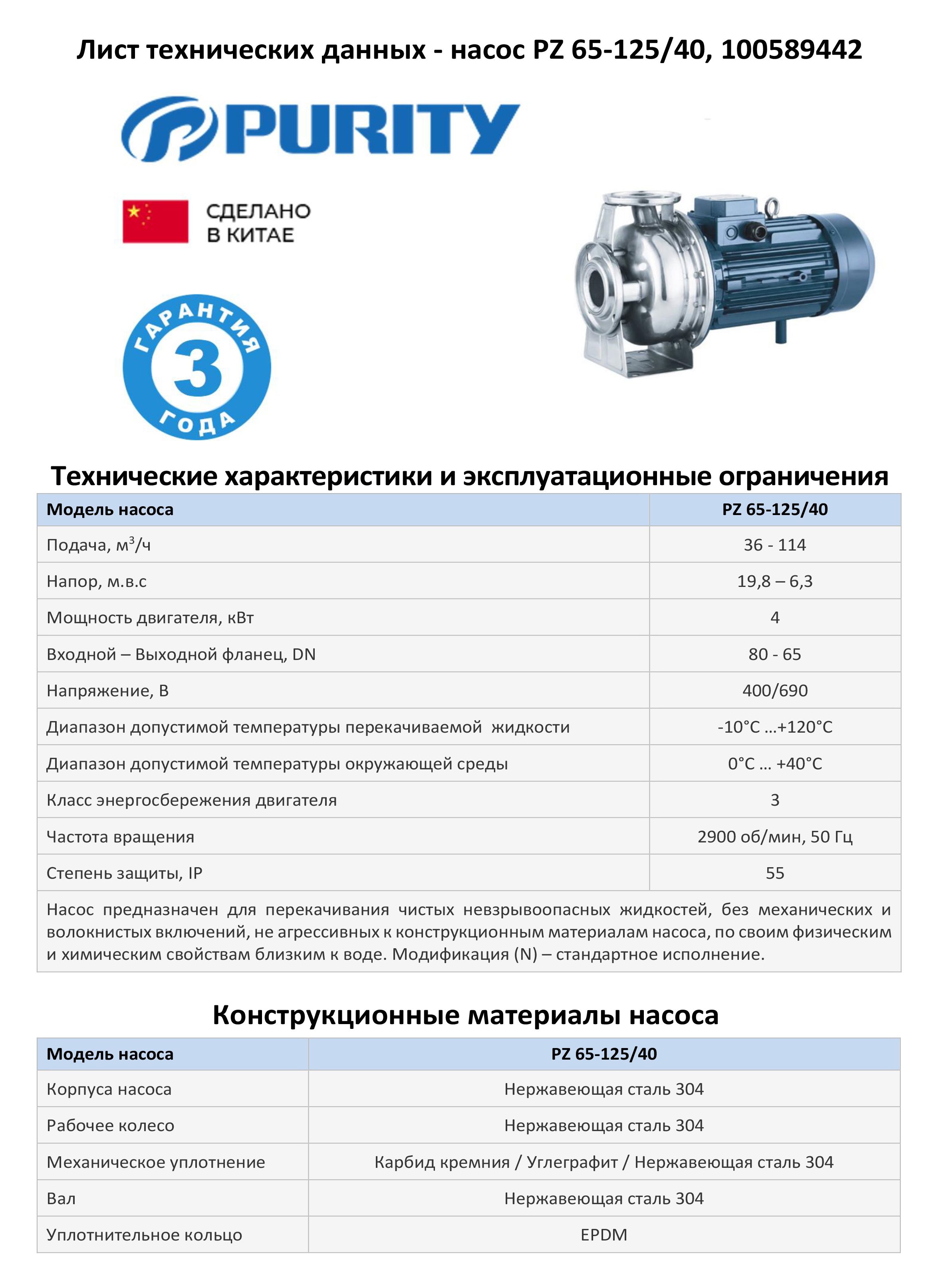 Моноблочный насос из нержавеющей стали PURITY PZ 65-125/40 (N)