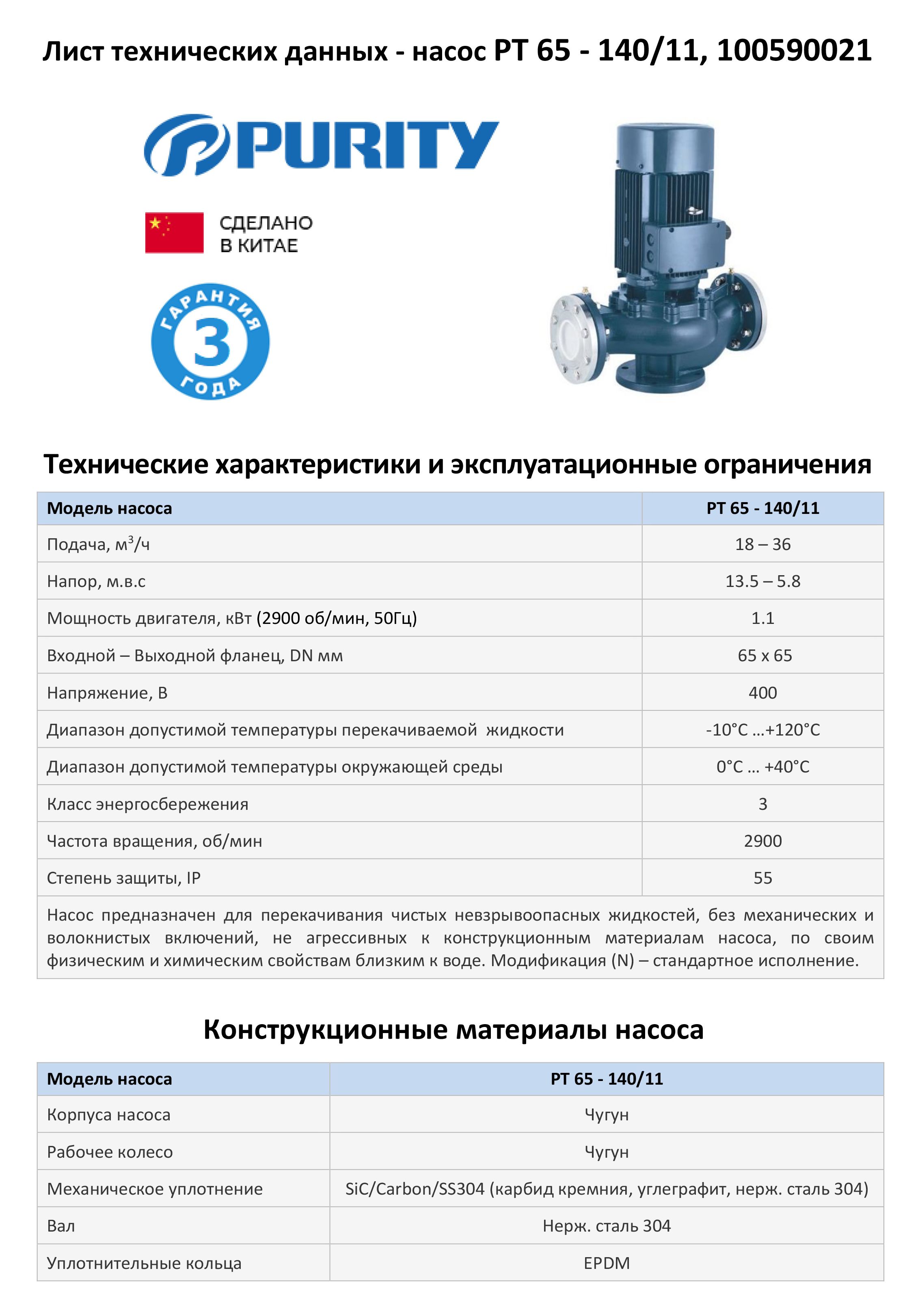 Насос моноблочный в линию PURITY PT 65-140/11 (N)