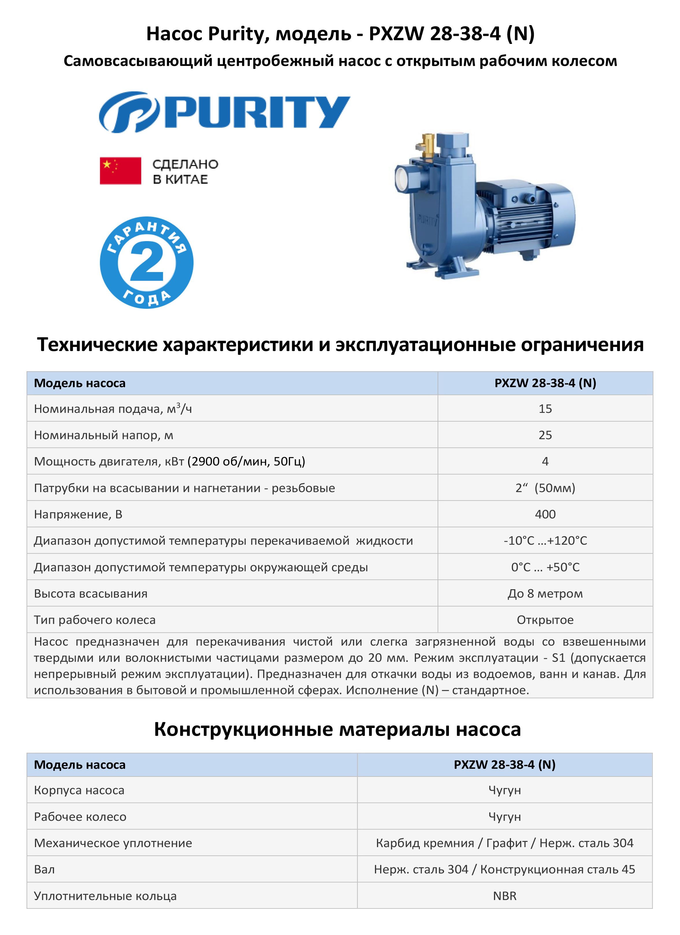 Самовсасывающий насос моноблочный PURITY PXZW 28-38-4