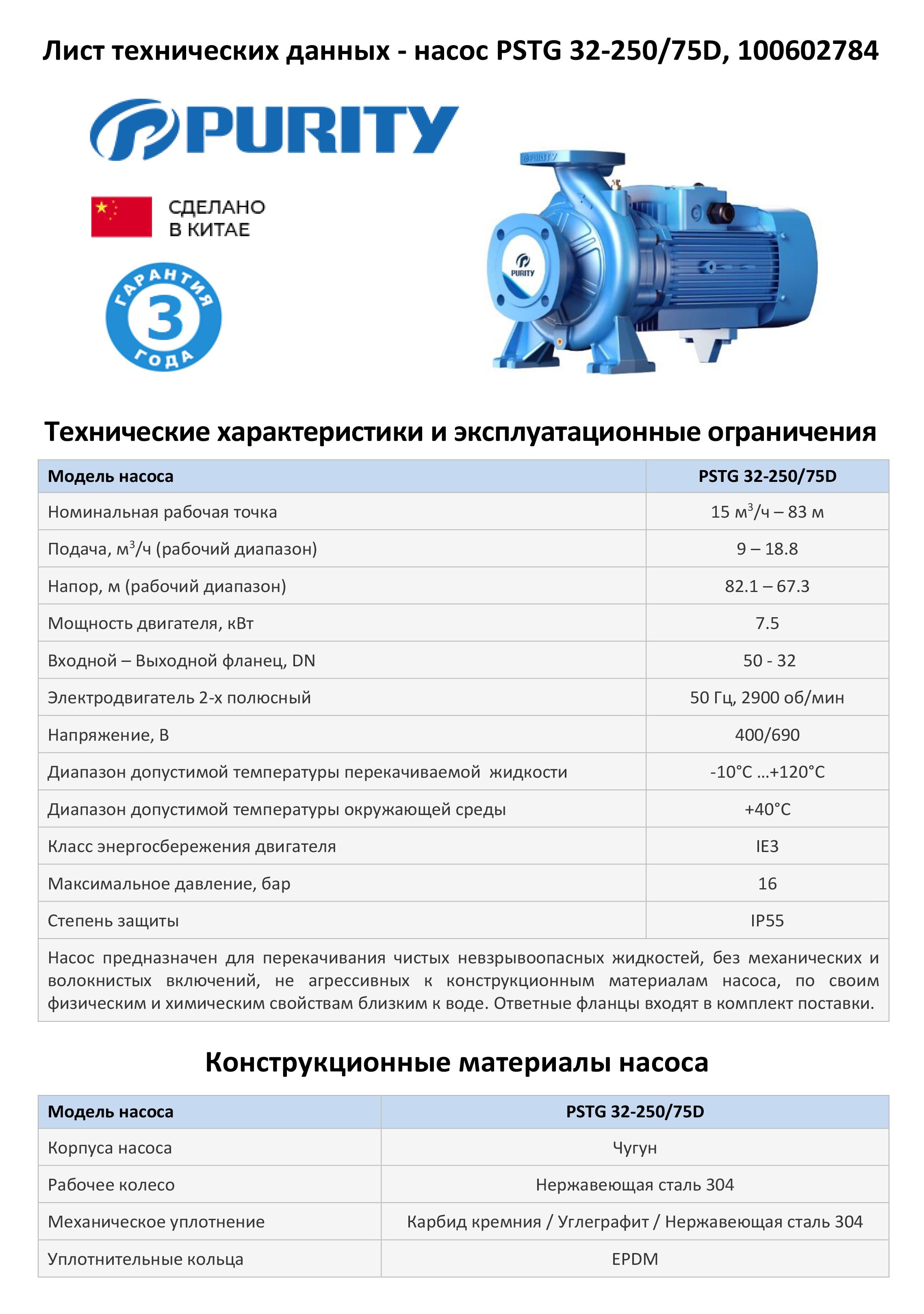 Консольно-моноблочный фланцевый насос PSTG 32-250/75D (N)