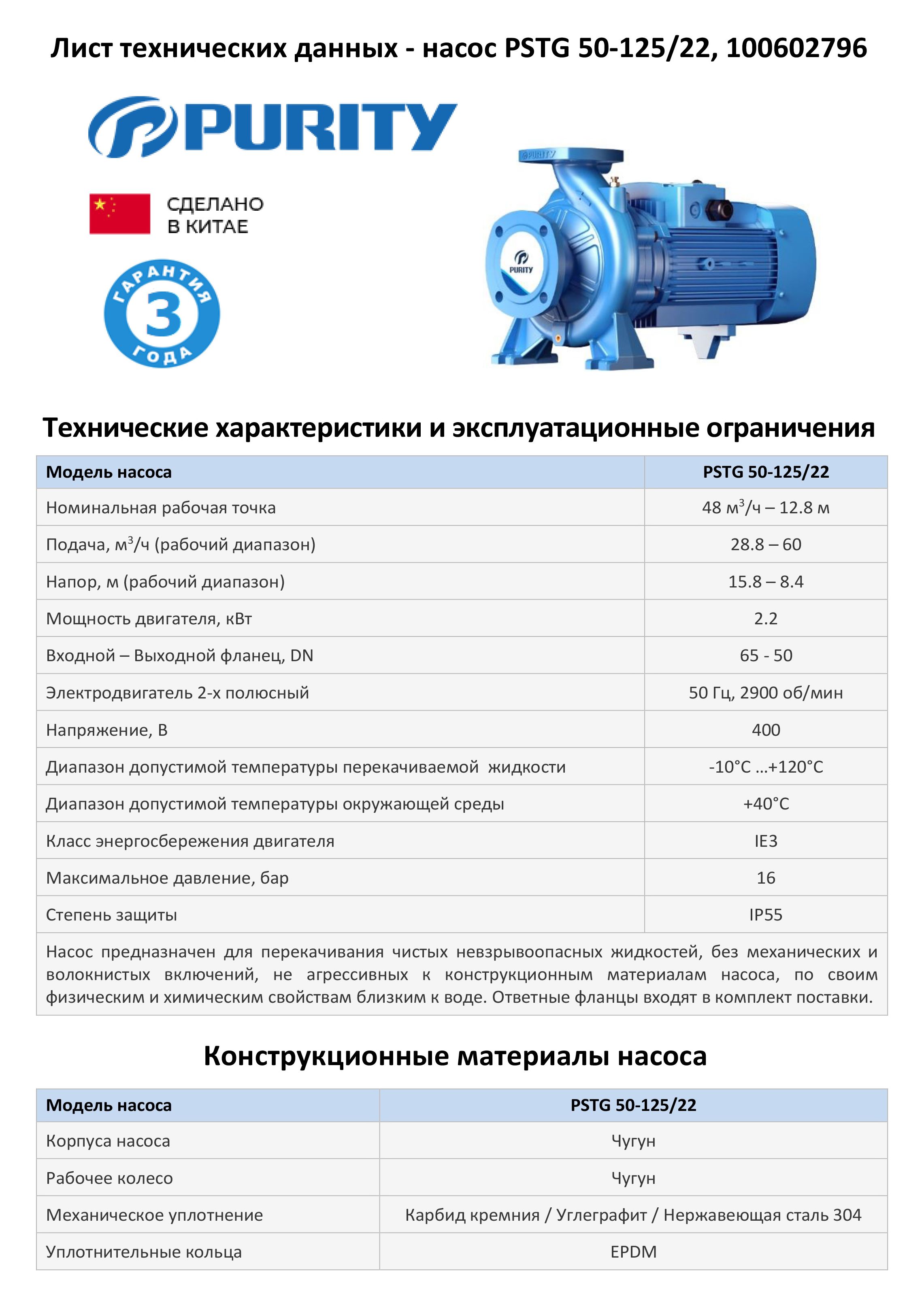 Консольно-моноблочный фланцевый насос PSTG 50-125/22 (N)
