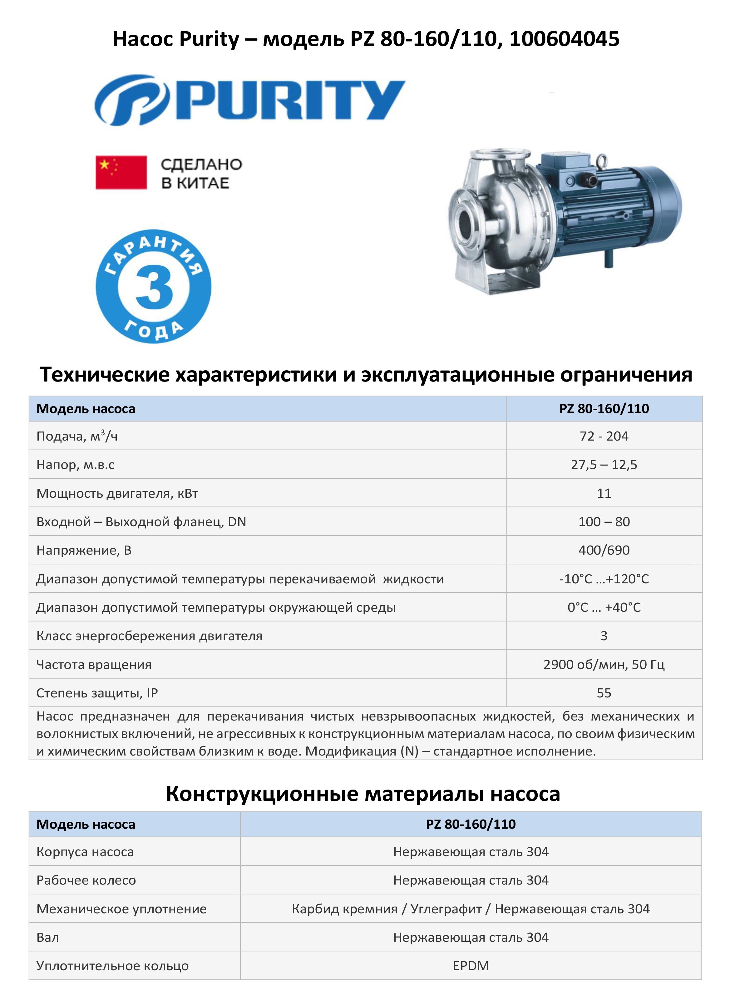 Моноблочный насос из нержавеющей стали PURITY PZ 80-160/110 (N)