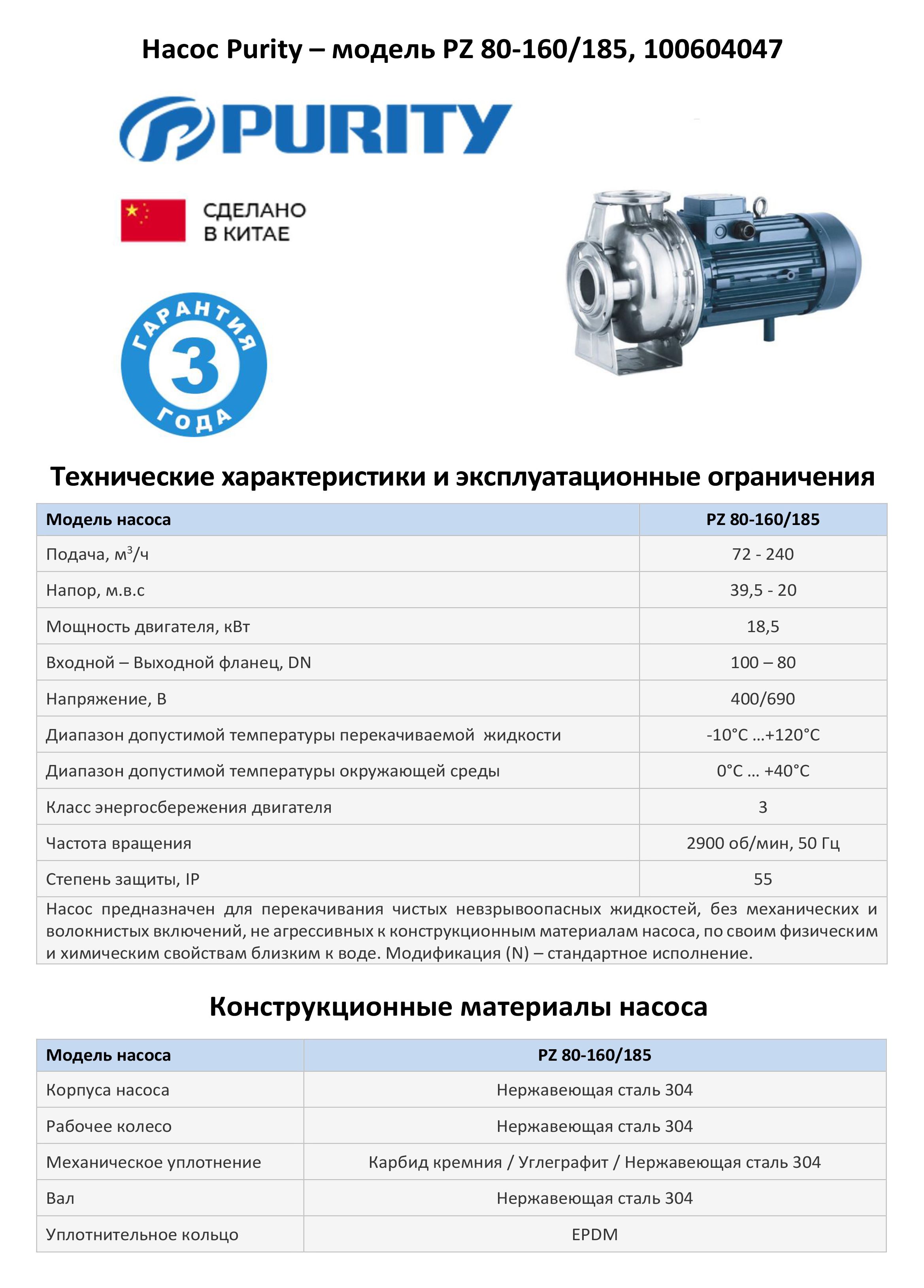 Моноблочный насос из нержавеющей стали PURITY PZ 80-160/185 (N)